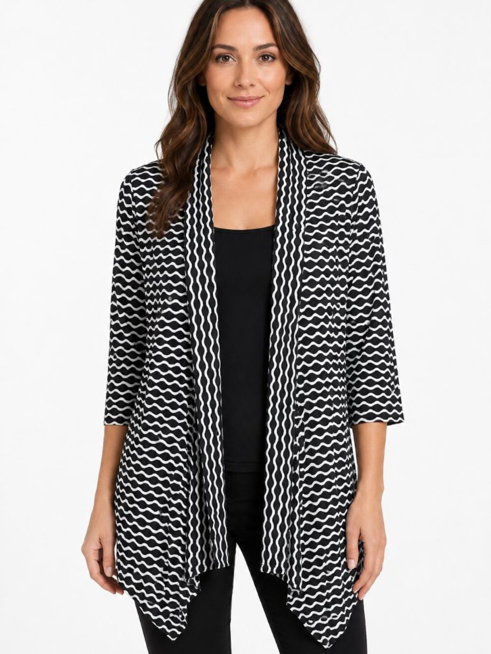 FRANK LYMAN Open Front Duster Cardigan Black White Textured Wave Sz 12